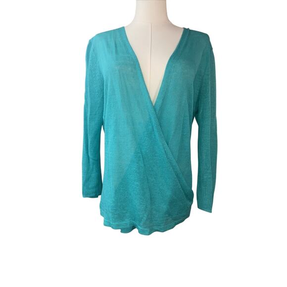 Nic+Zoe Sweaters - Nic+Zoe Turquoise Wrap V-neck Lightweight 3/4 Sleeve Linen Blend Women Medium